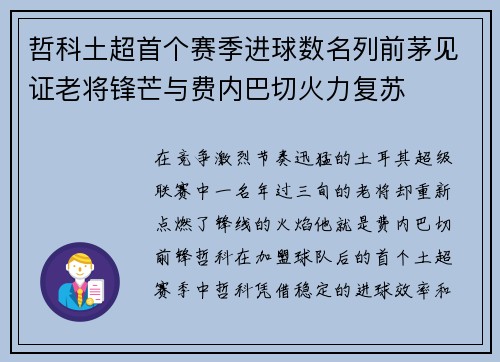 哲科土超首个赛季进球数名列前茅见证老将锋芒与费内巴切火力复苏