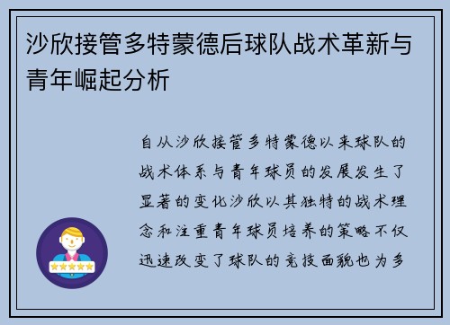 沙欣接管多特蒙德后球队战术革新与青年崛起分析 沙欣接管多特蒙德后球队战术革新与青年崛起分析